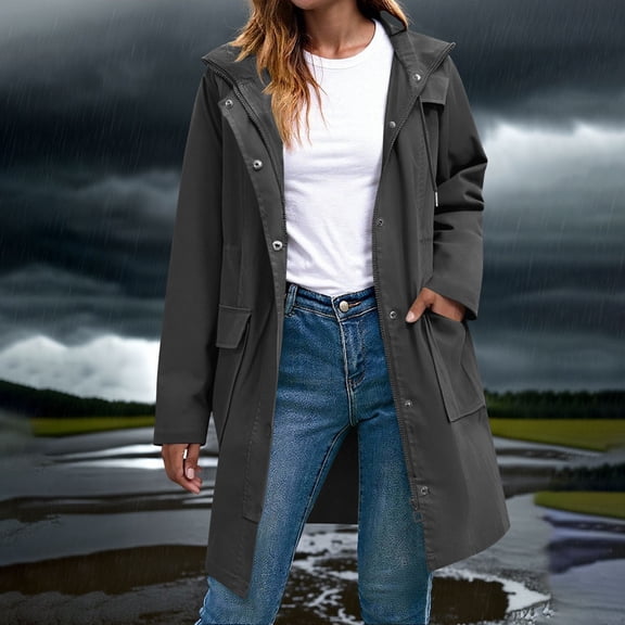 CQONEPT Hooded Jacket for Womens Full Zip Waterproof Button Down Long Overcoat Hiking Softshell Outdoor Coats with Pockets Dark Gray 2XL