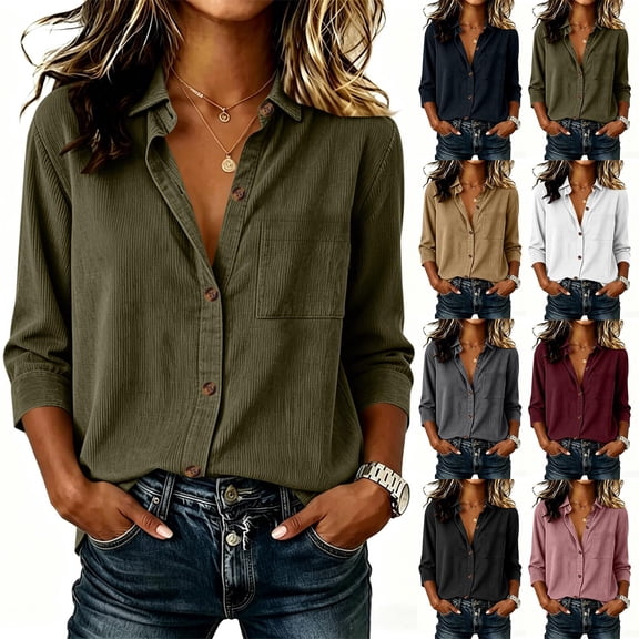 GUACER Blouses for Women 3/4 Sleeve Corduroy Button Down Shirts Relaxed Fit Collared Top for Fall Casual Wear