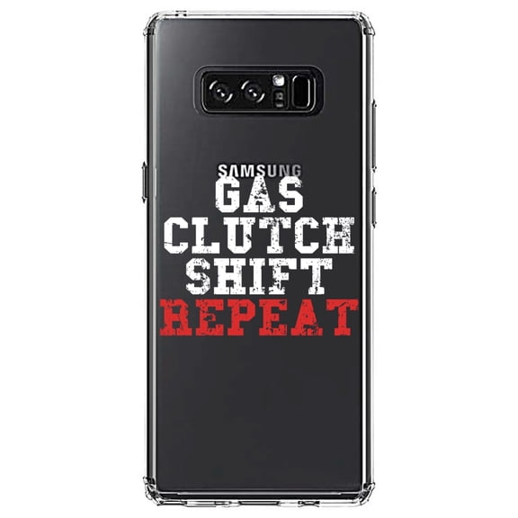 DistinctInk Clear Shockproof Hybrid Case for Samsung Galaxy Note 8 - TPU Bumper Acrylic Back Tempered Glass Screen Protector - Gas Clutch Shift Repeat