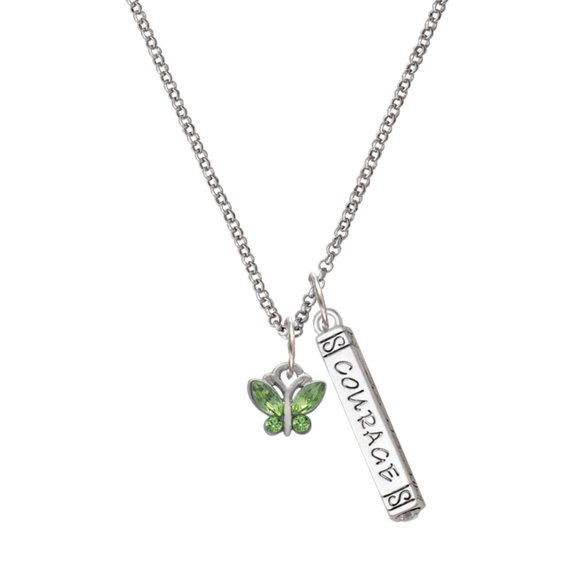 Delight Jewelry Silvertone Mini Butterfly with Green Wings & Crystals Silvertone Courage Strength Wisdom Honesty Bar Charm Necklace, 23"