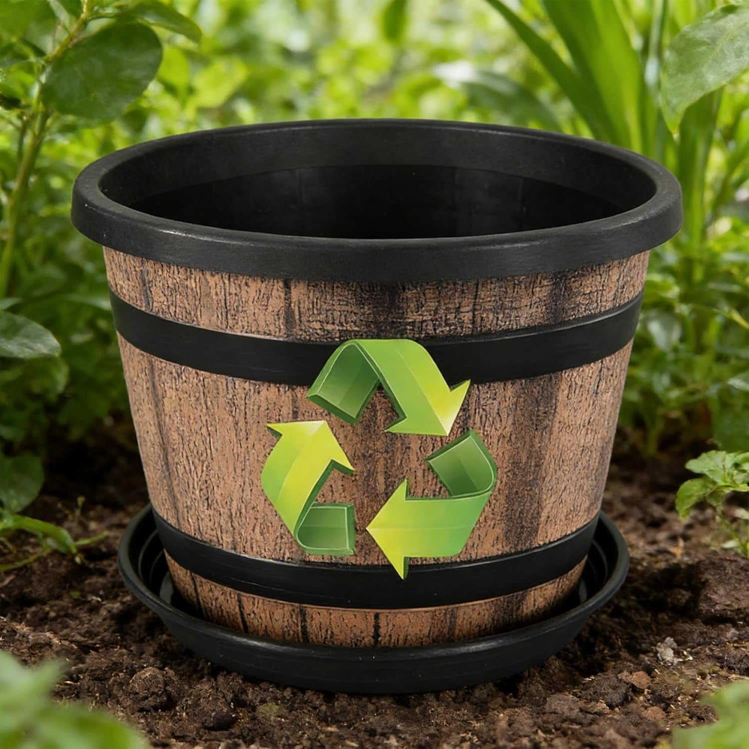 12 Inch Whiskey Barrel Planters with Drainage Holes & Saucer, 5 Pack Plastic Plant Pots with Wine Barrel Design, Flower Pots for Indoor Outdoor Balcony