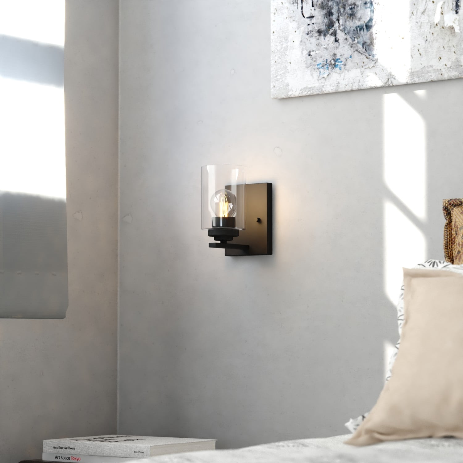 Park Ridge 1-Light 4.75 in. Wide Matte Black Transitional Bathroom Vanity Lighting Fixture, Clear Cylinder Glass Shade, Dimmable, LED Compatible, Over the Mirror Mounted Steel Wall Sconce