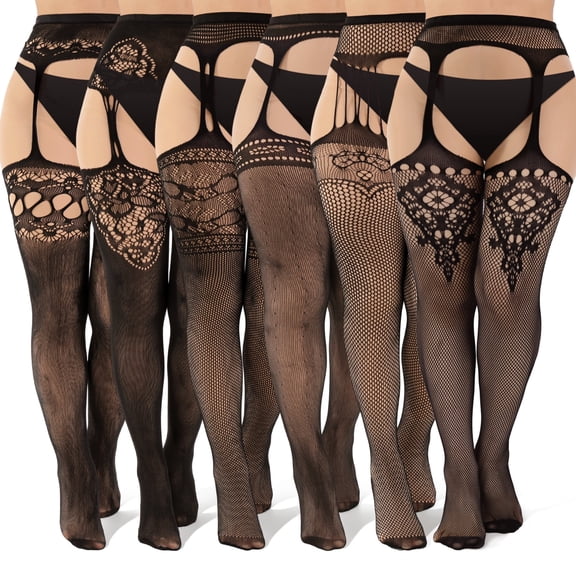 Bocaoying 6-Pack Lace Fishnet Suspender Thigh High Stockings for Women Black