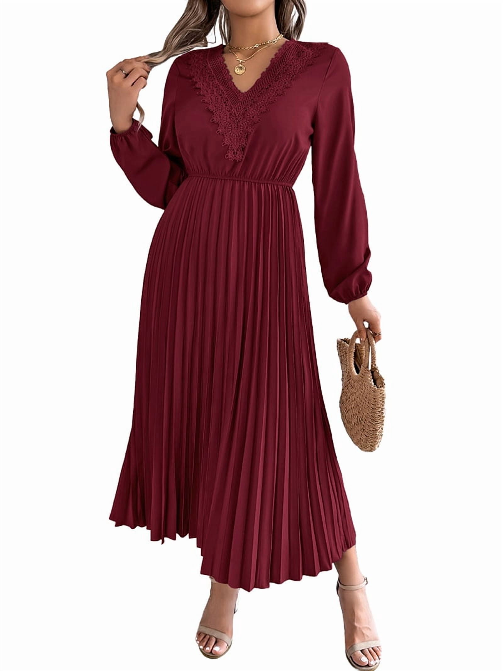 Women Fall Long Sleeve Dress Casual V Neck Pleated A Line Wine Red XL