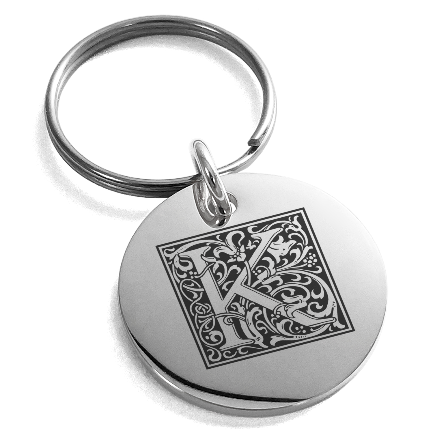 Key Chain K Stainless Steel Letter K Initial Floral Box Monogram Engraved Small ...