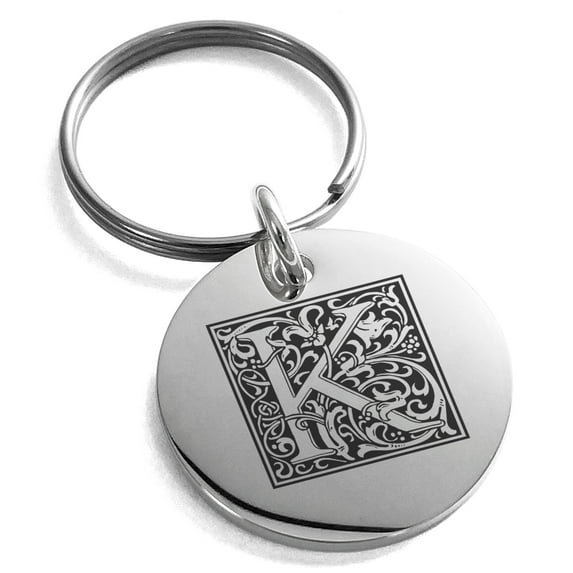 Stainless Steel Letter K Initial Floral Box Monogram Engraved Small Medallion Circle Charm Keychain Keyring