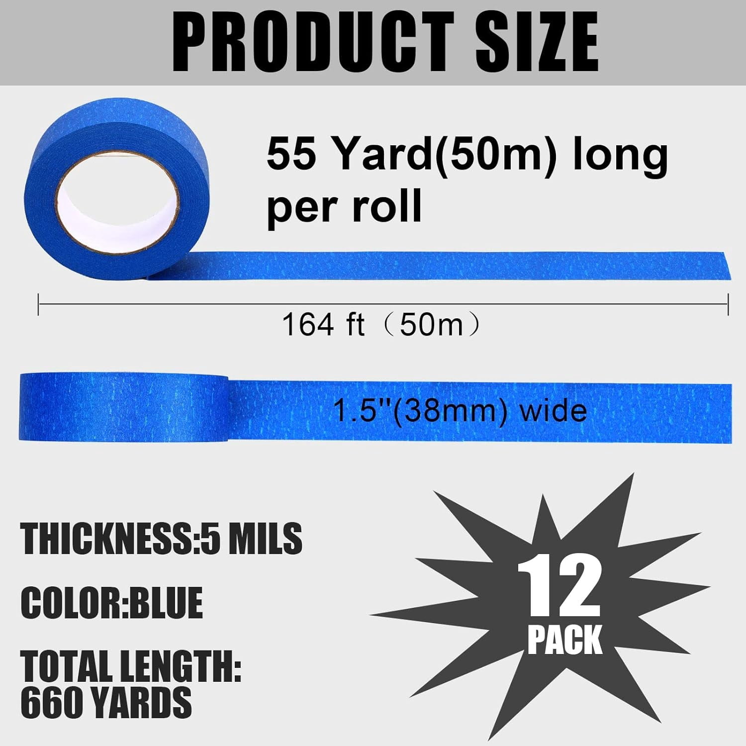 12 Rolls Blue Painter's Tape Bulk 1.5 Inches x 60 Yards Masking Tape for Painting DIY Crafts Home Renovation