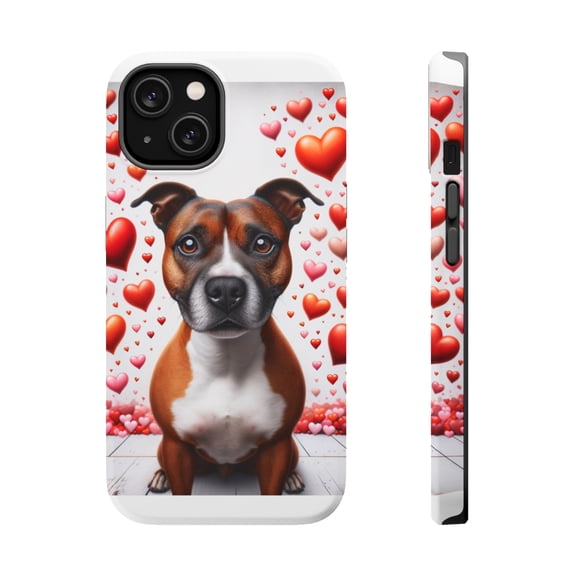 DistinctInk MagSafe Tough Case for Apple iPhone 15 (6.1" Screen) - Valentine's Day Staffordshire Bull Terrier - Tempered Glass Back