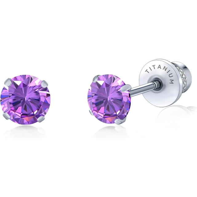 Limerencia 5mm Screw Back Zirconia Earrings, Hypoallergenic Titanium Earrings (Purple)