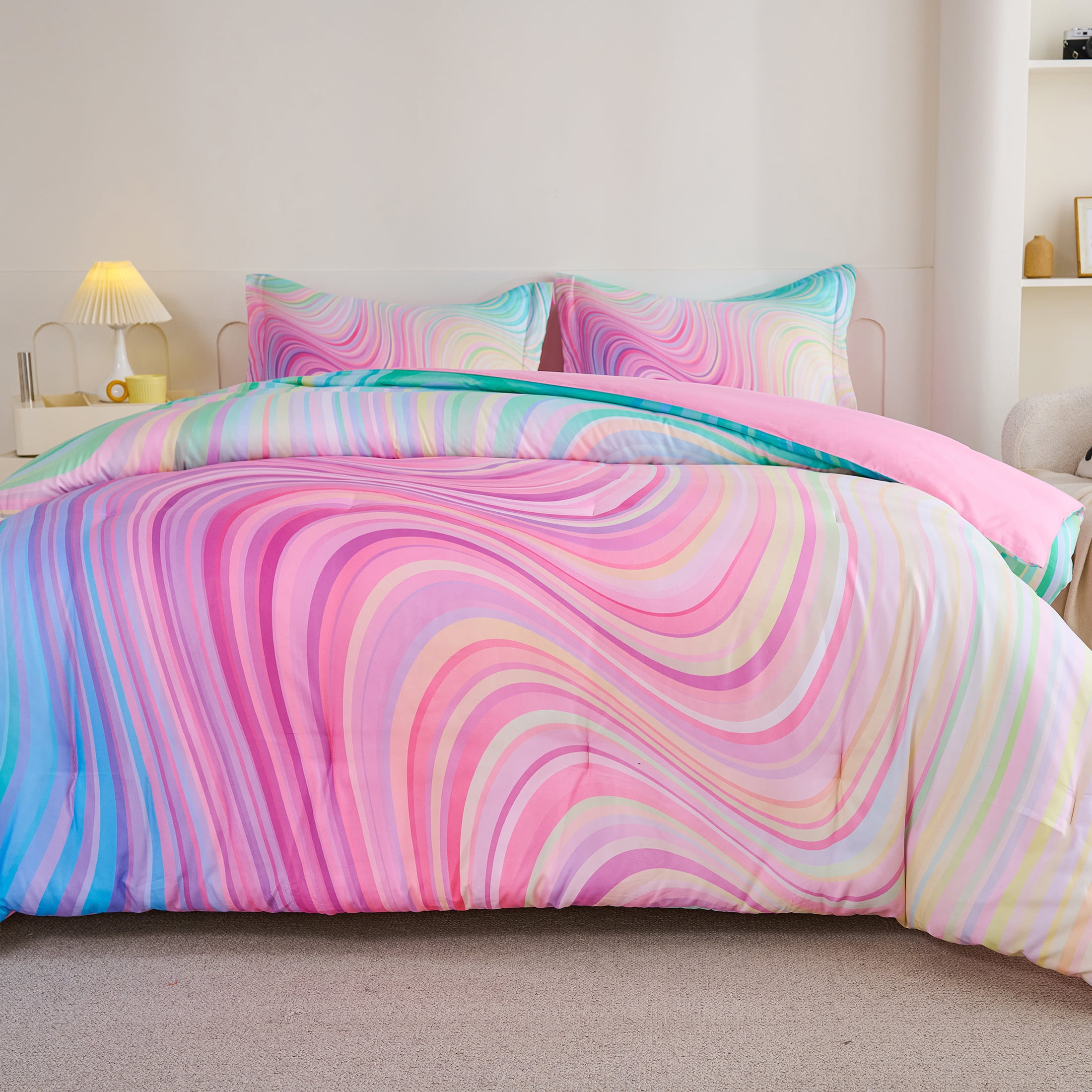 Koniroom 3-Piece Girls Pastel Swirl Rainbow Comforter Set Full Size, Blue Pink Purple, Kids Bedding Set