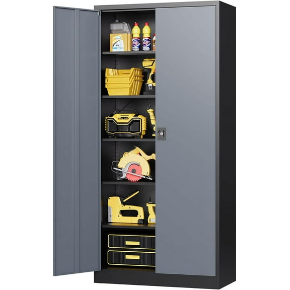 Metal Garage Storage Cabinet with 5 Adjustable Shelves Metal Locking Cabinet with Door Lockable Steel Tool Cabinets Door for Home, School, Office, Garage (Black Gray, 71 inch)