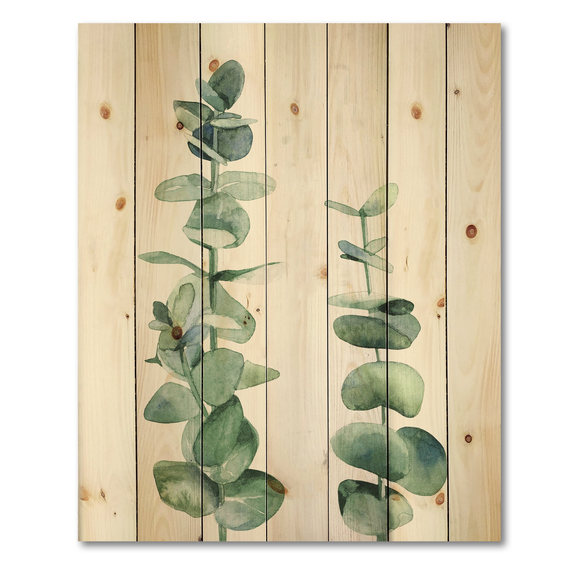 Designart 'Green Eucalyptus Branch' Tropical Print on Natural Pine Wood