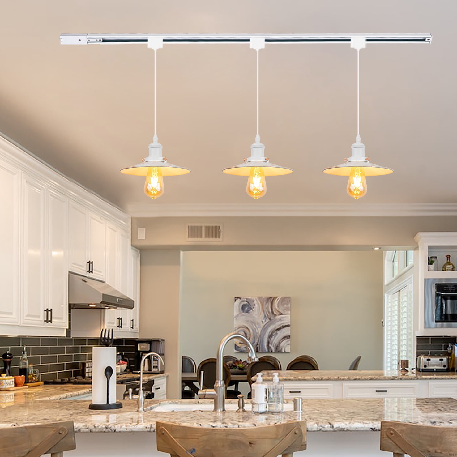 Kiven H-Type Track Lighting, 3-Light Modern H Track Light Pedant with Metal Lampshade,Dimmable,Timer for Kitchen Island Cafe Bedroom, Cord length 39.4",White Finish Marble Pattern