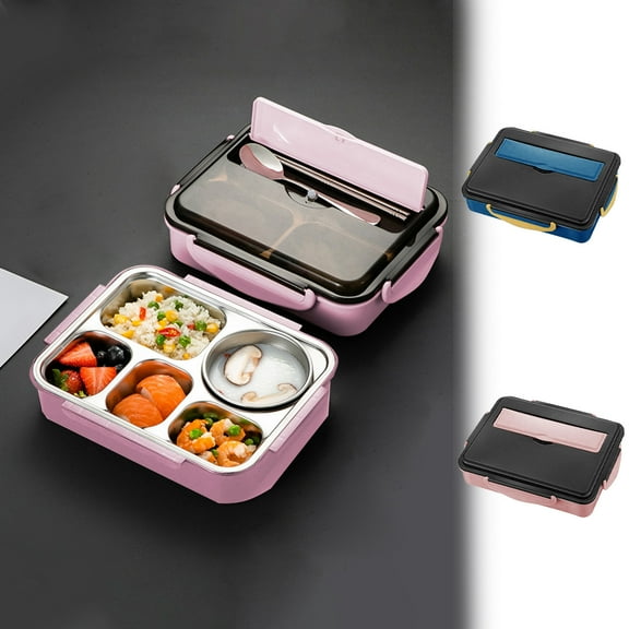 Stainless Steel Lunch Box 1500ML | Five-Compartment Bento Food Container | 304 Steel & PET | Insulated Leakproof Design | Hot Water/Soup | Lightweight Portable | Blue or Pink | 28.5x22x7cm