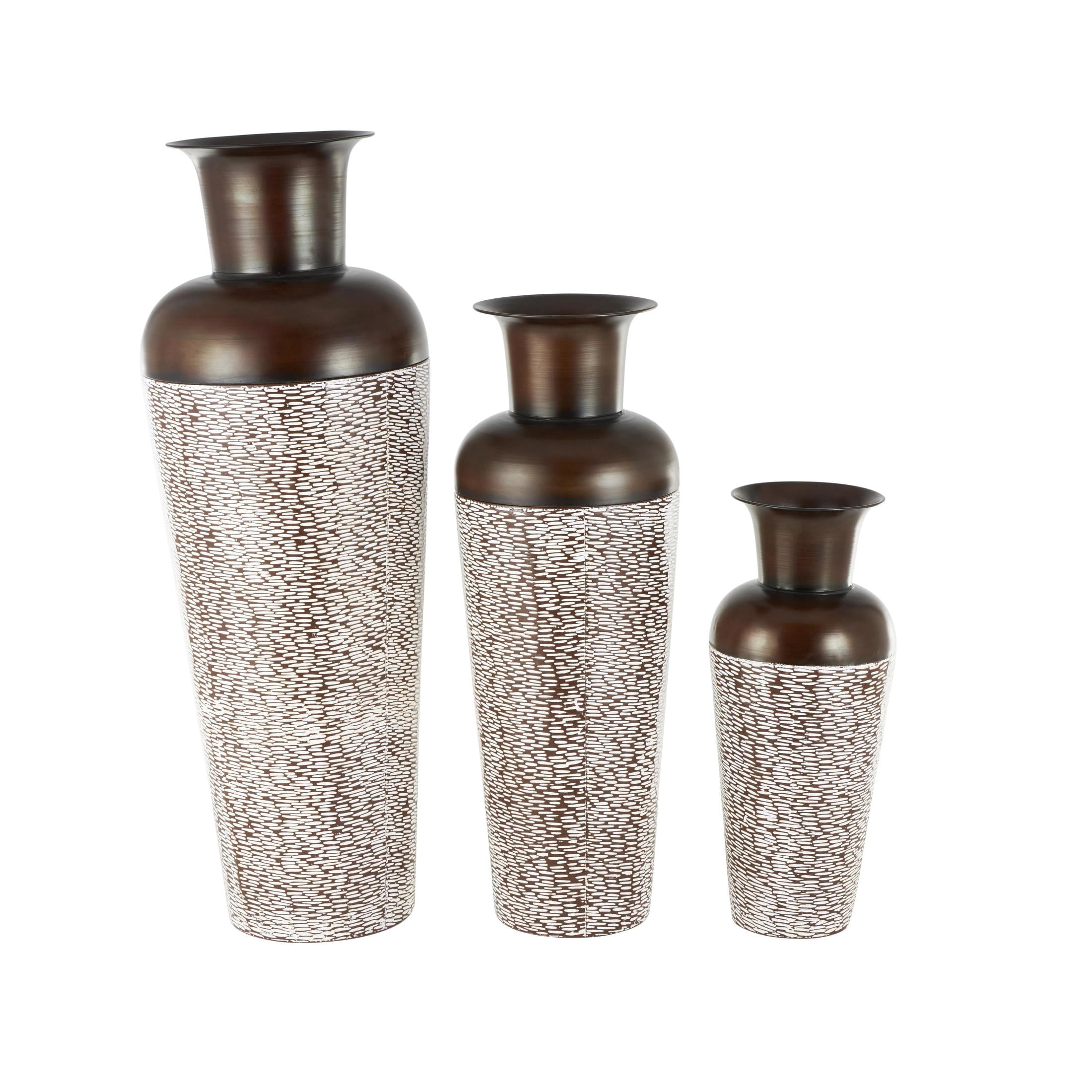 DecMode 18", 39", 28"H Tall Tapered Floor White Metal Vase with Brown Trumpet Tops, Set of 3