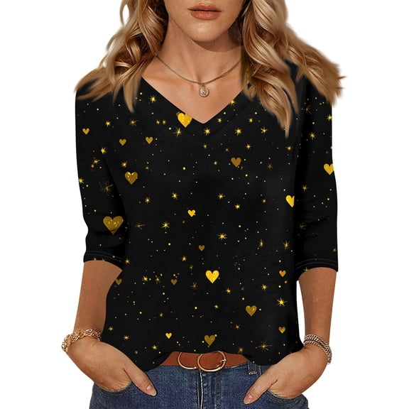 Dresfit Mardi Gras Shirts Women 3/4 Sleeve V Neck Holiday Blouse 2026 Slim Fit Graphic Party Tunic Top Plus Size Parade T-Shirt Gold L