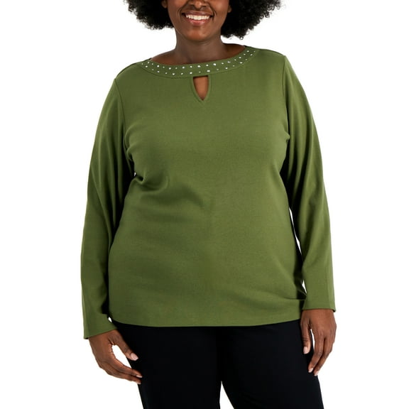 Plus Size Cotton Rhinestone-Embellished Keyhole-Cutout Top Winter Moss 1X