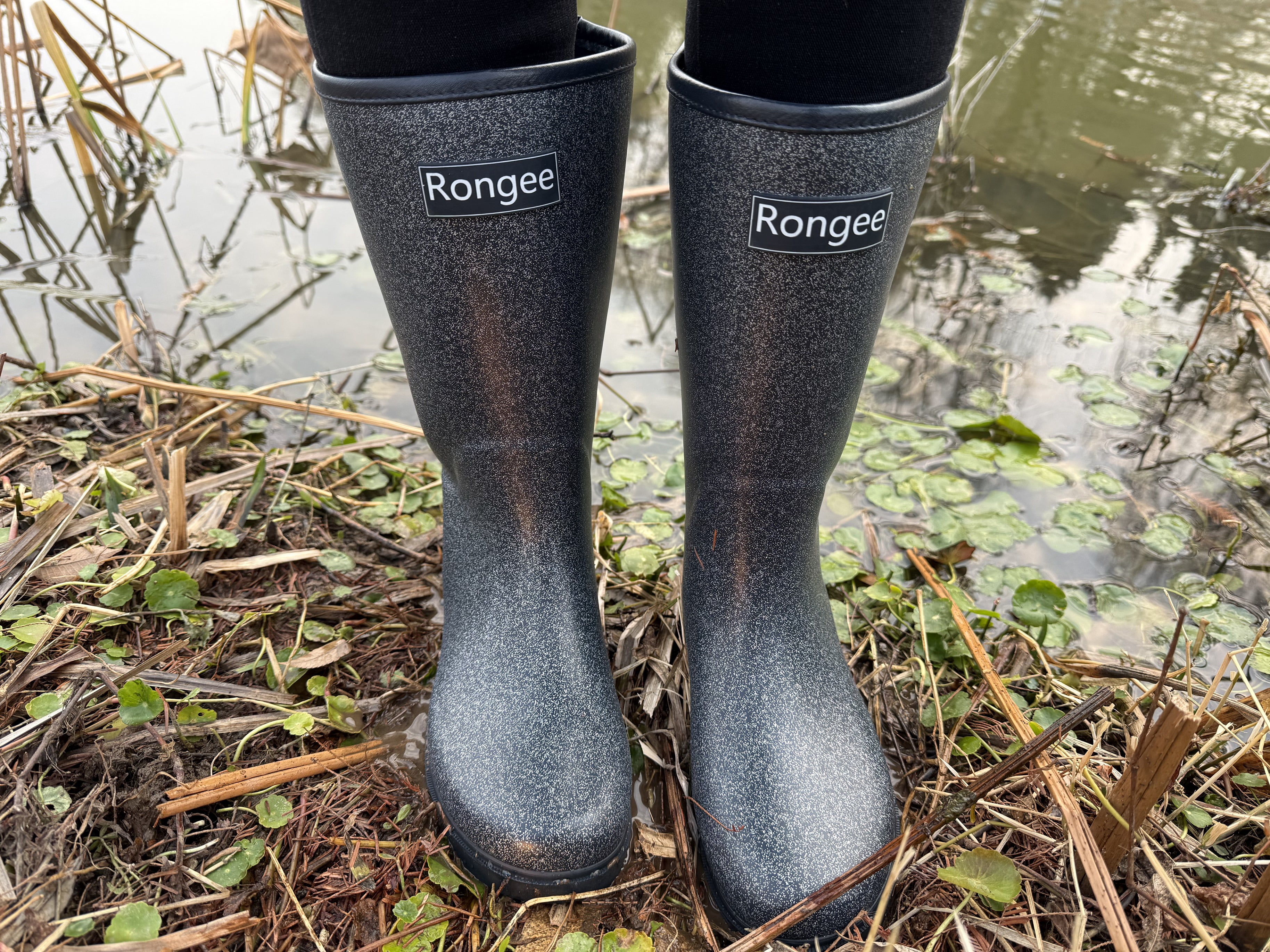 Rongee Waterproof Rain Boots for Women Mid Calf Garden Shoes Glitter Boots Outdoor Mud (7 B(M) US)