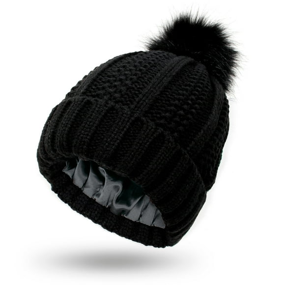 Womens Winter Knitted Beanie Hat with Faux Pom Warm Knit Cap Beanie Hats for Women