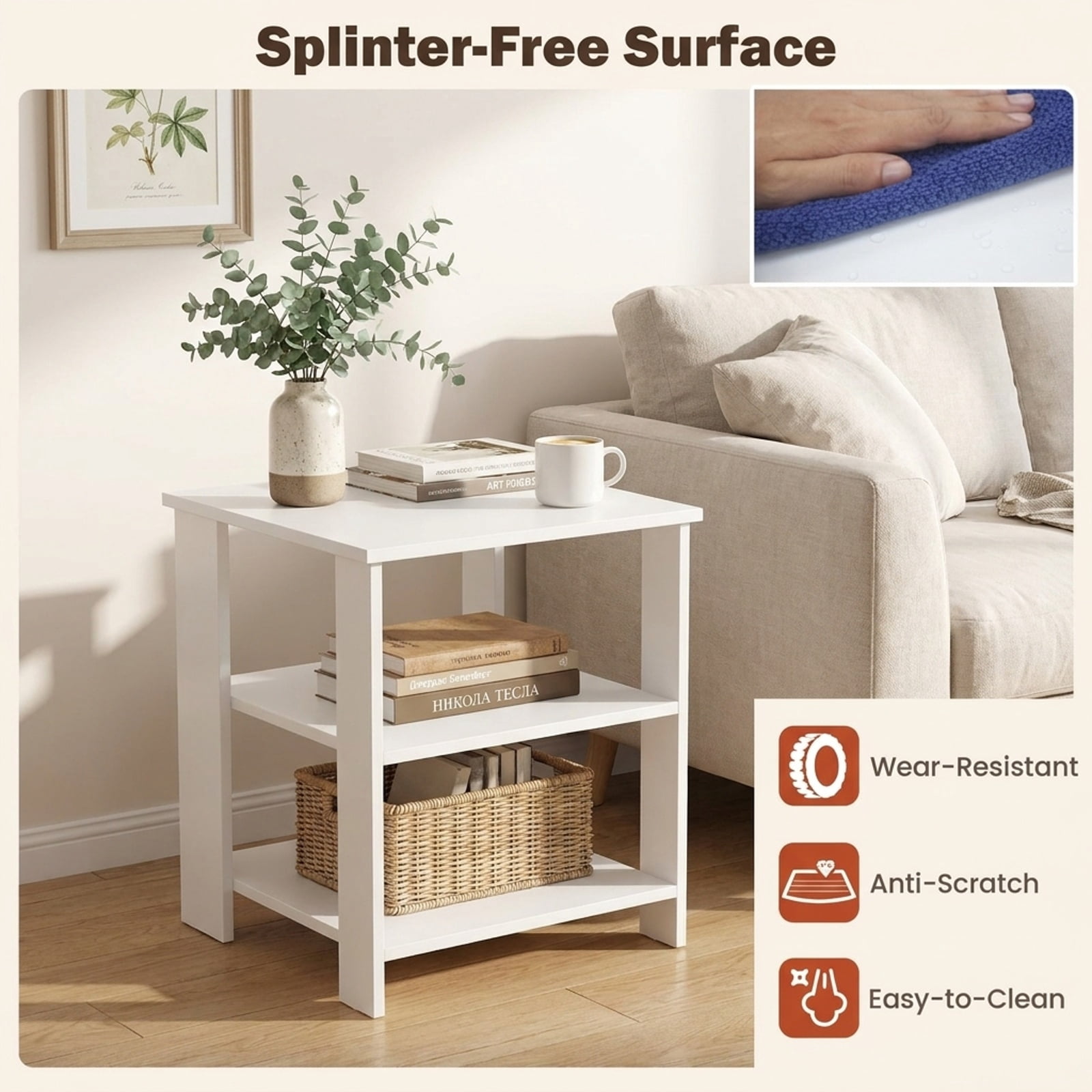 Furnibear 3 Tier Square Nightstands Set of 2 with Open Storage Shelves Bedside Side Tables for Bedroom Living Room, White