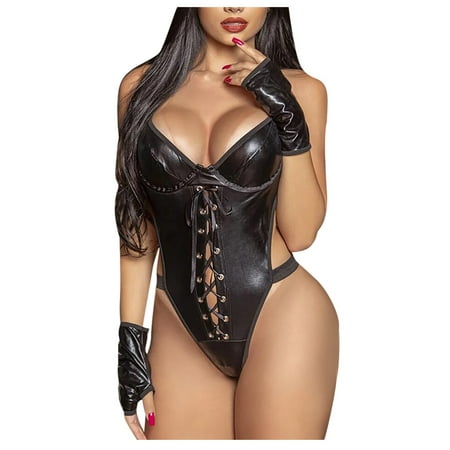 

Jpgif Women Print Leather Lingerie Bandage Bodydoll Temptation Patchwork Underwear