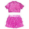 thumbnail image 4 of TiaoBug Kids Girls Cheerleading Costume Sparkly Short Sleeve Crop Tops with Culottes for Cheer Performance Hot Pink 12, 4 of 5
