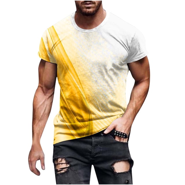 HKEJIAOI T-Shirt d'Été à Manches Courtes pour Hommes avec Imprimé Dégradé et Bordure Rayée, Col Rond