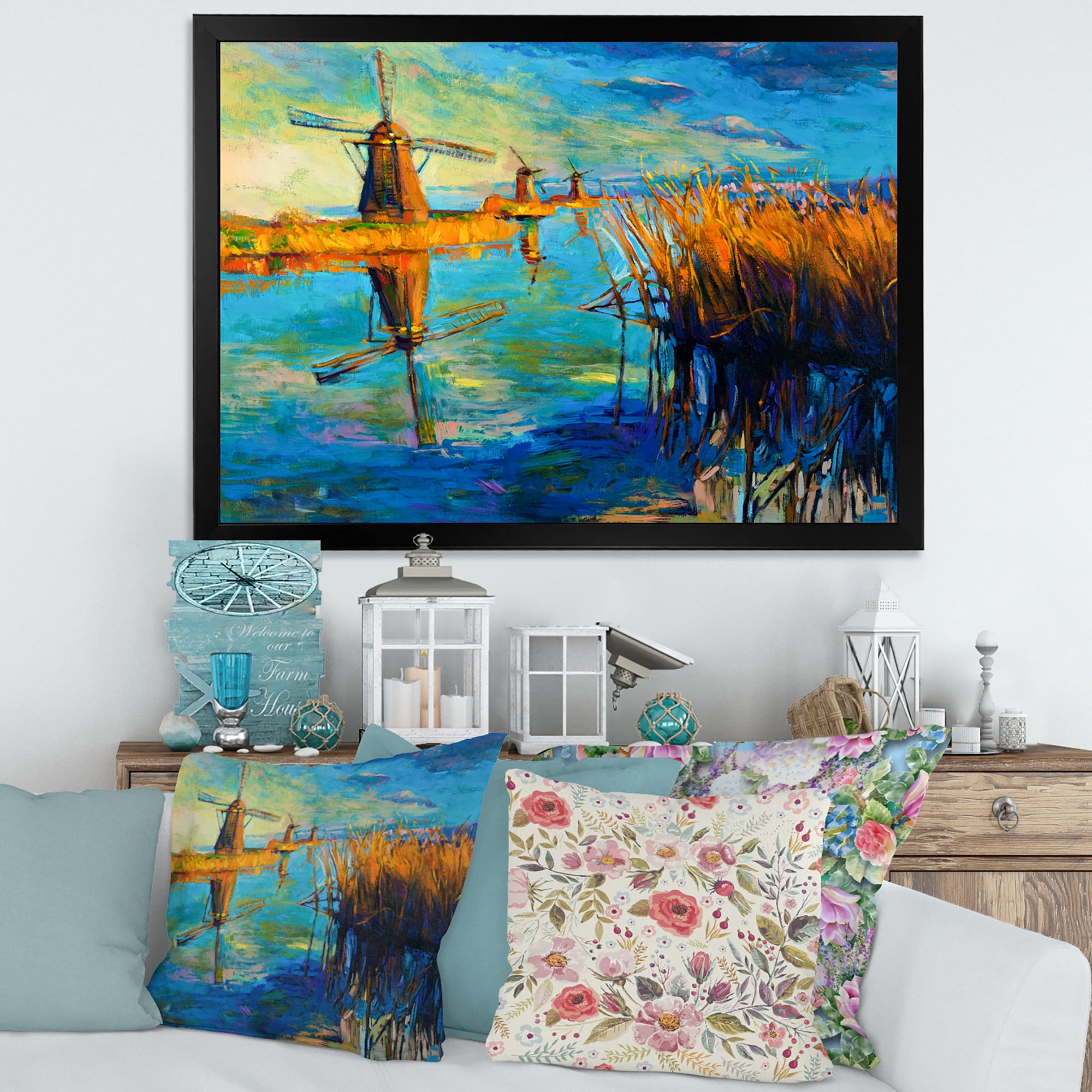 Designart 'The Deep Blue Lake And Windmills' Nautical & Coastal Framed Art Print