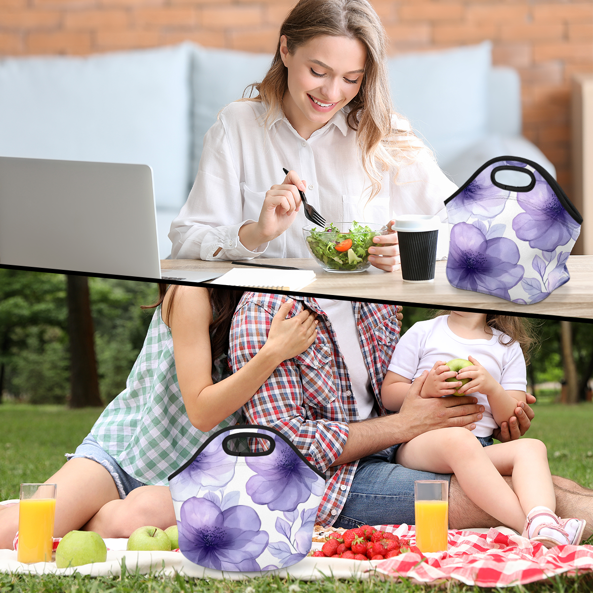 Herdesigns Purple Insulated Lunch Bag Neoprene Lunch Box for Women Men Soft Cooler Bag Floral Washable Lunch Tote for Work Outdoor Picnic