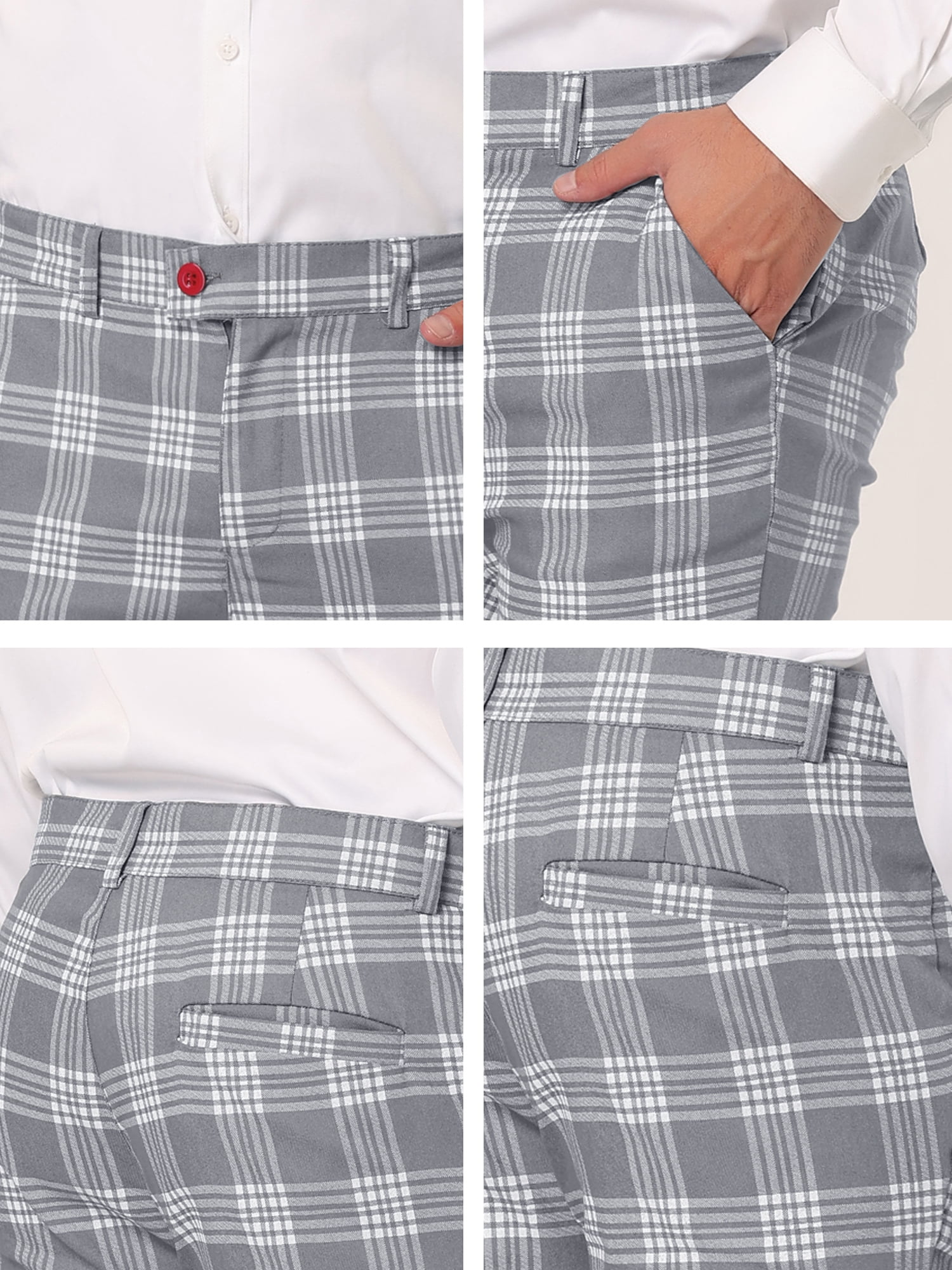 Unique Bargains Men's Plaid Pants Casual Slim Fit Flat Front Skinny Checked Dress Pants 36 Gray