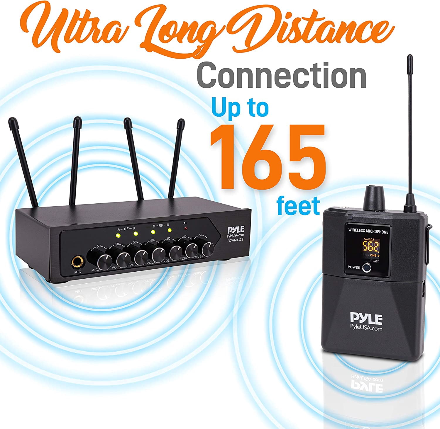 Pyle Portable Wireless Microphone System Battery Operated Four Bluetooth Cordless Microphone Set