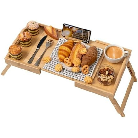 Expandable & Height Adjustable Bed Tray Table with 360° Rotating Phone Holder, Bamboo Breakfast Food Serving Tray, Portable Laptop Desk Snack Platter with Handles & Foldable Legs for Bedroom