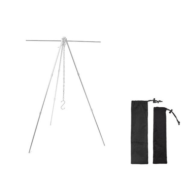 TFixol Trépied Portable en Alliage d'Aluminium avec Support de Cuisson Réglable pour Camping en Plein Air, Design Compact Argenté avec Barre Transversale