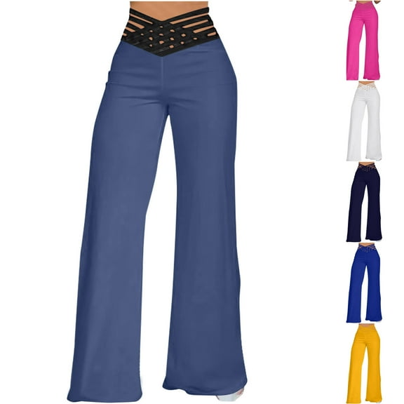 pstuiky Wide Leg Pants Woman, Solid Color Casual Long Palazzo Pants High Waisted Trousers With Belt Comfy Women Pant Blue L