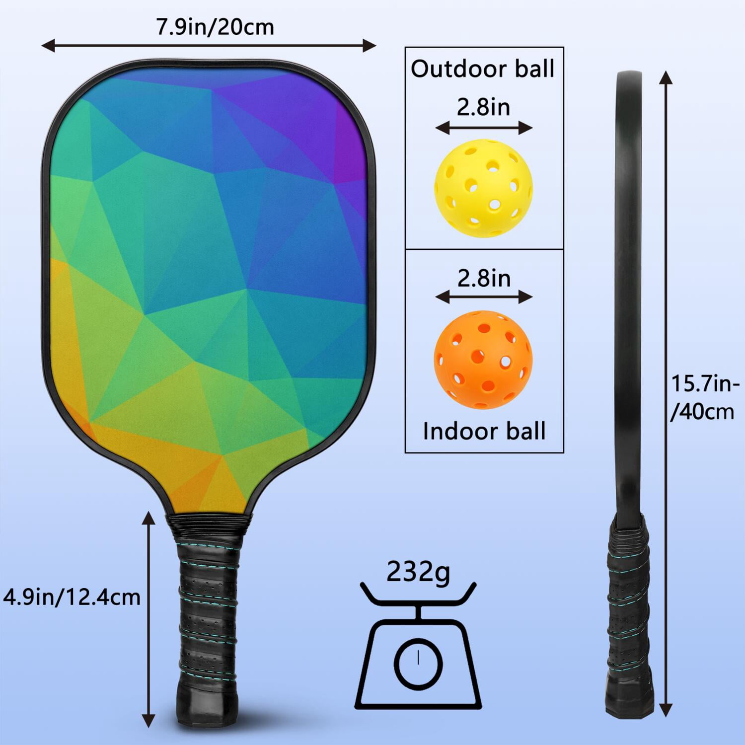 Pickleball Paddles Set Of 2, Fiberglass Surface, Vibrant Rainbow Print, 4 Balls & Bag