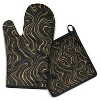 Black Gold Marble Pattern Kitchen Oven Mitt and Pot Holder Sets 2 Pcs for Baking, Cooking and Grilling, Heat Resistant Up To 392 °F