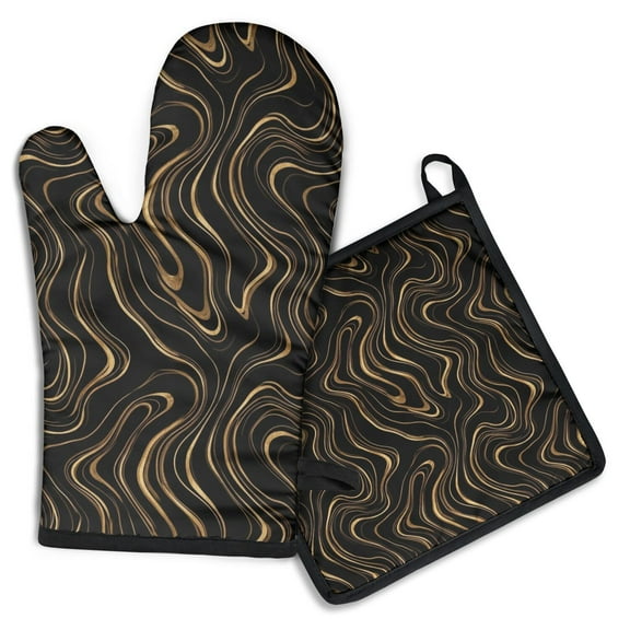 Black Gold Marble Pattern Kitchen Oven Mitt and Pot Holder Sets 2 Pcs for Baking, Cooking and Grilling, Heat Resistant Up To 392 °F