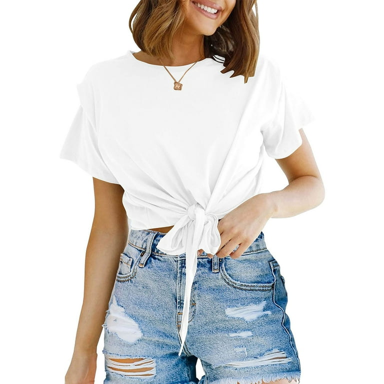 RQYYD Reduced Womens Casual Short Sleeve Tie Knot Front Tops Crew Neck  Summer Solid Crop Top T-Shirt(White,L) 