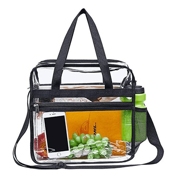 Xycwyp 12×6×12 Clear Tote Bag with Adjustable ,Clear Bag for Stadium Events, Strap for Sports Work Festival Concert - Black