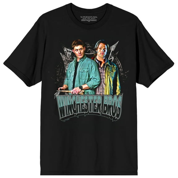 Supernatural Winchester Bros Sam & Dean with Stake on Black Short Sleeve Adult T-Shirt-Large