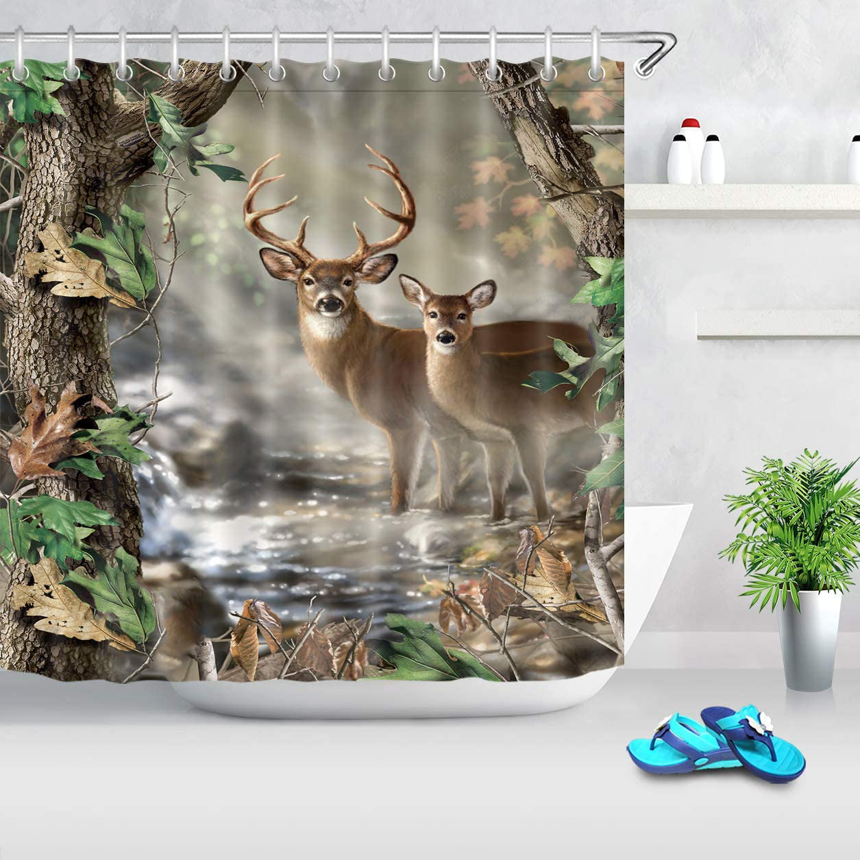 TANSTAN Deer Decor,Waterproof Fabric Elk Foggy Forest Shower Curtain Hooks Inch 