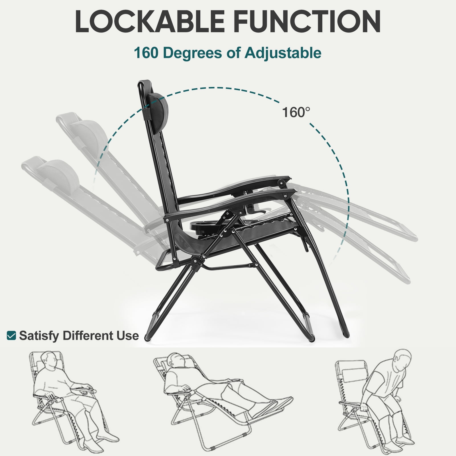 EDX Zero Gravity Chair Outdoor Lounge Chair，Suitable for Beach Terrace Pool Patio, Black 2-Pack