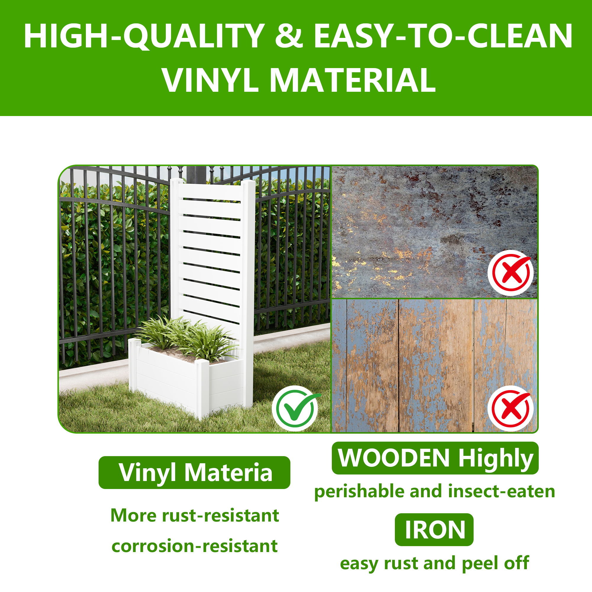 MAYEERTY Outdoor White PVC Rectangular Planter Box with Trellis for Climbing Plants, Raised Garden Bed