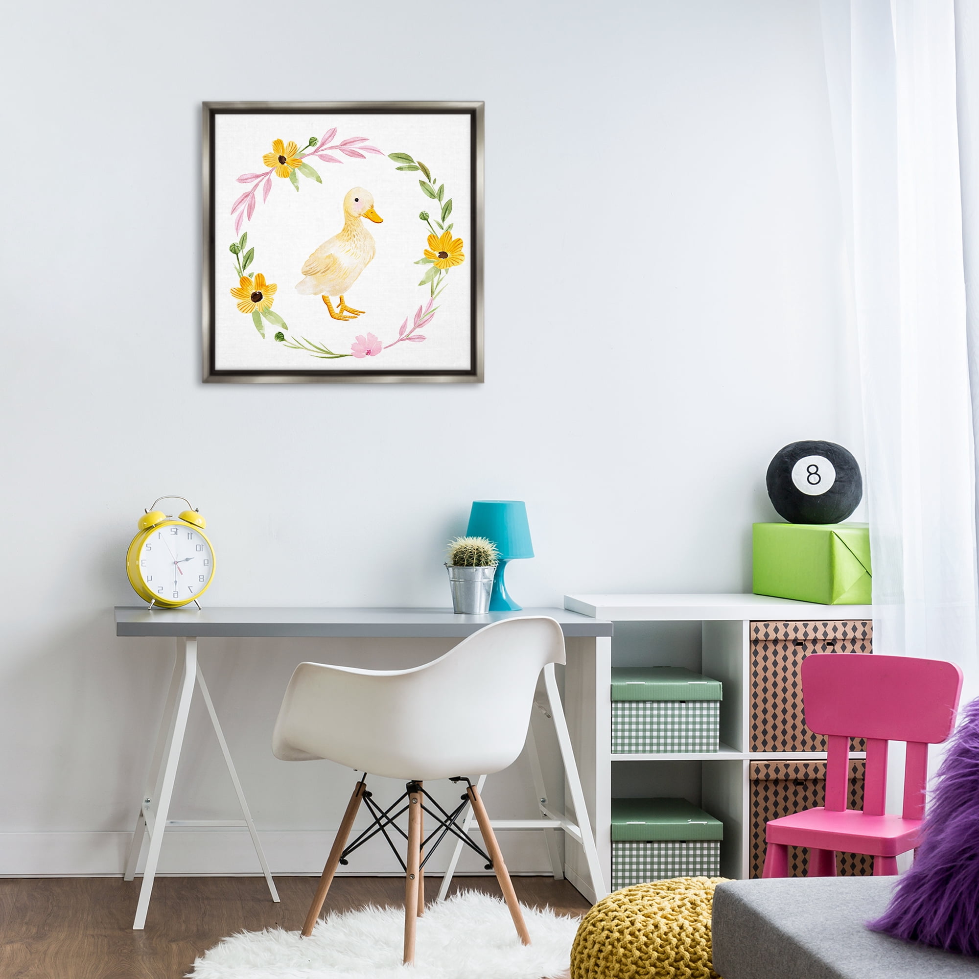 Stupell Industries Duckling with Daisy Wreath Animals & Insects Painting Gray Floater Framed Canvas Art Print Wall Art, 25 x 25