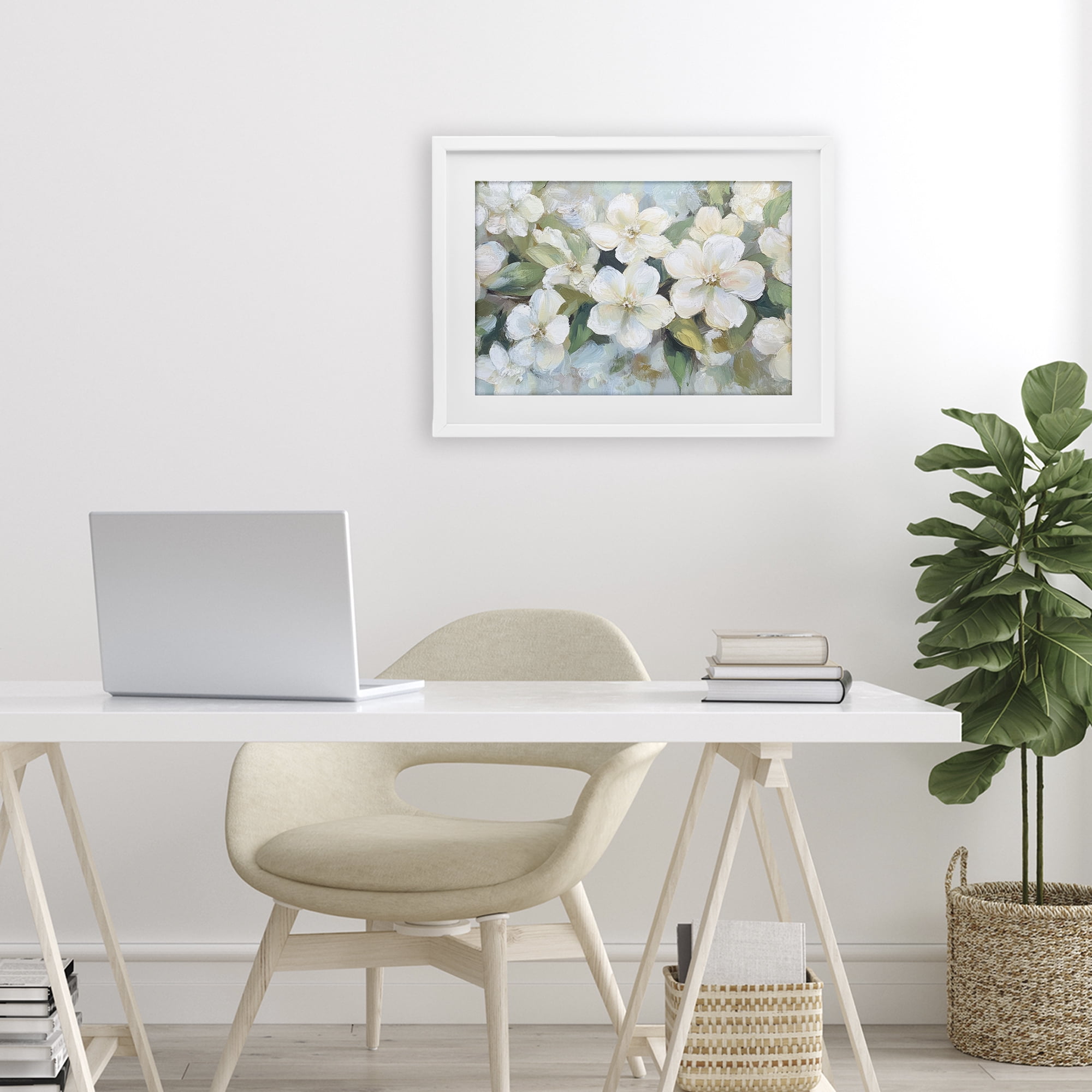 Stupell Industries Painted White Flowers in Leaves White Framed Print Under Glass, design by Petal Prints Design