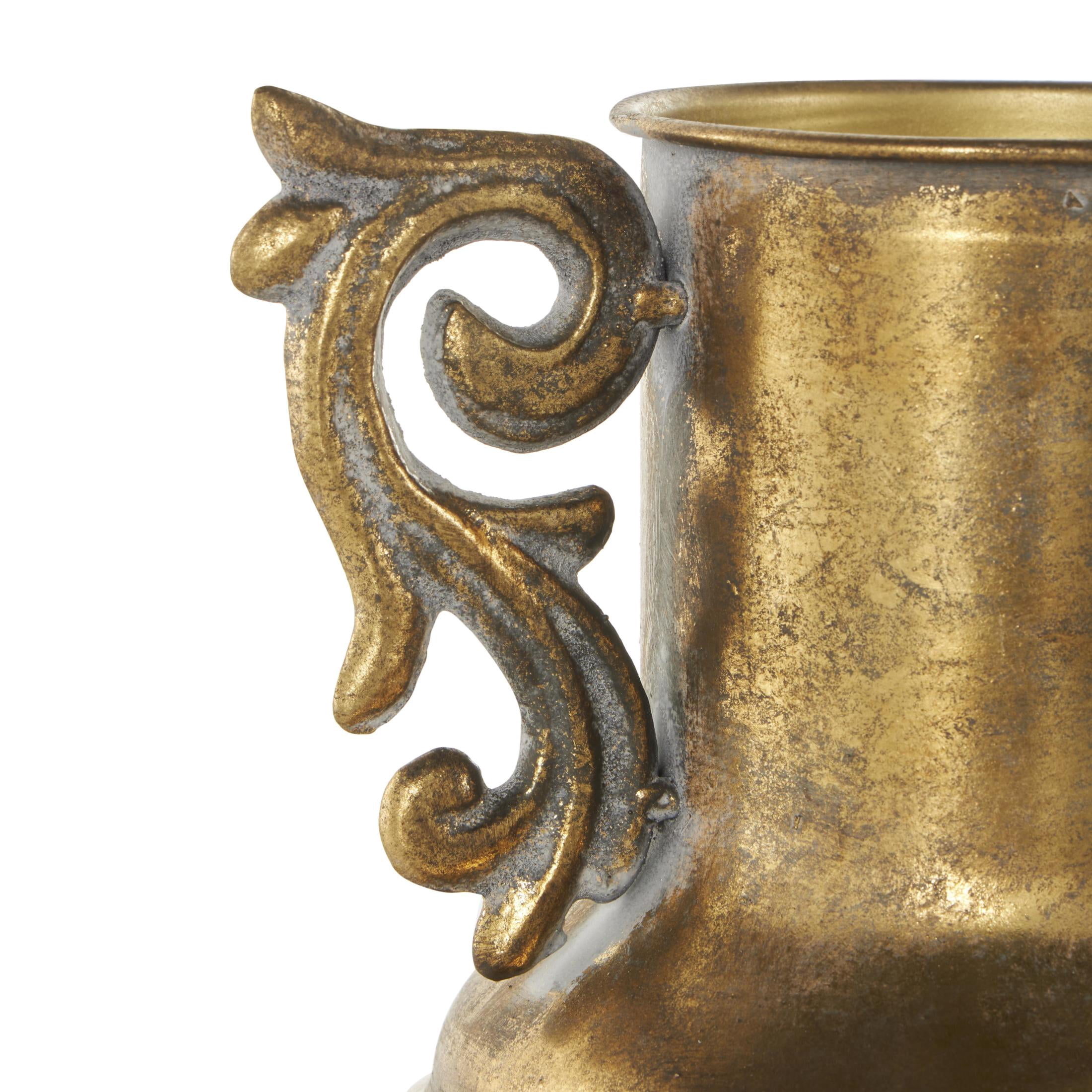 DecMode 10" Scroll Weathered Vintage Amphora Gold Metal Vase with Handles