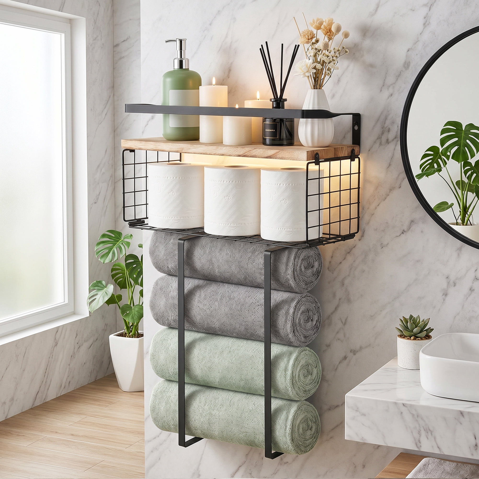 Yucurem Towel Racks for Bathroom, Metal Towel Storage Holder for Roll Towels, Wall Mounted Towel Organizer with Storage Basket and Wooden Shelf for Small Spaces