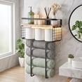 thumbnail image 6 of Yucurem Towel Racks for Bathroom, Metal Towel Storage Holder for Roll Towels, Wall Mounted Towel Organizer with Storage Basket and Wooden Shelf for Small Spaces, 6 of 9