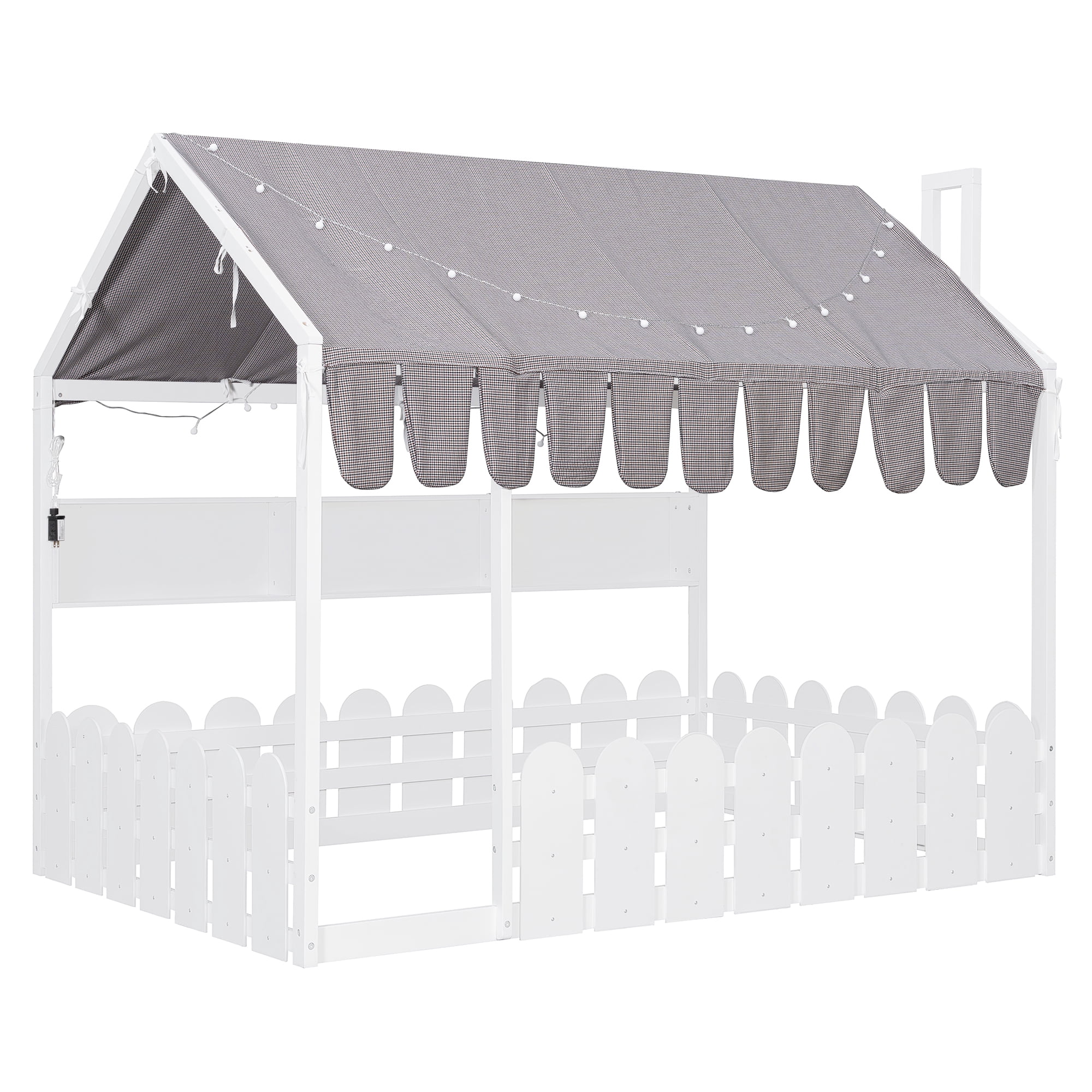 Aukfa Full Size House Bed with Fence and Tent for Kids, Wooden Montessori Bed with LED Lights & Storage Shelves for Toddler Boys and Girls Bedroom, White