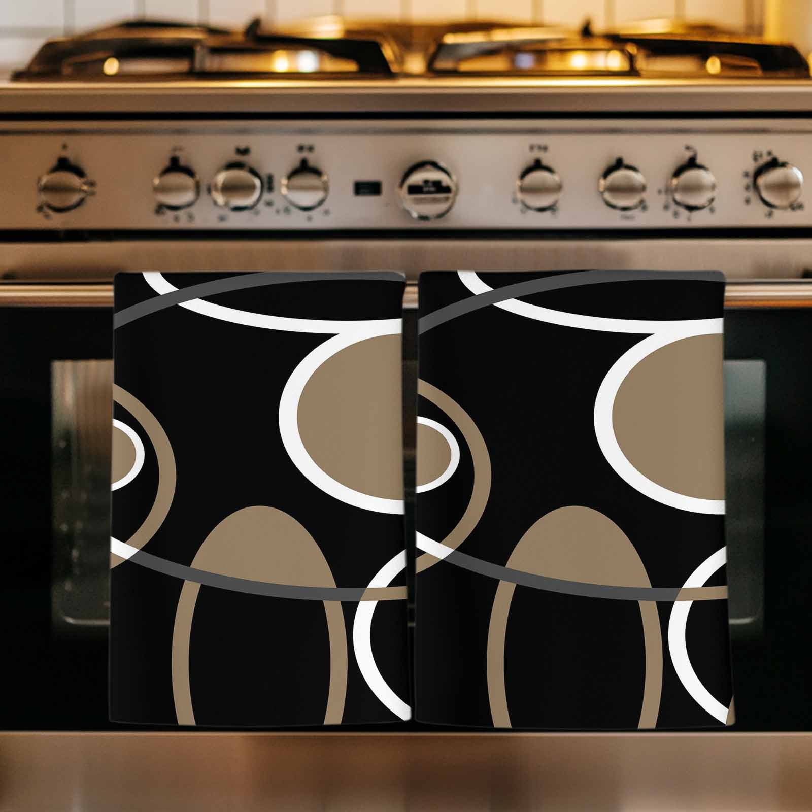 Dish Towels, Black Brown Circle Absorbent Kitchen Towels 2 PCS, Geometri Stripe Lines Abstract Art Microfiber Hand Towels Dish Cloths Tea Towels for Home&nbsp;Bathroom Cleaning Drying,18X28-Inch,